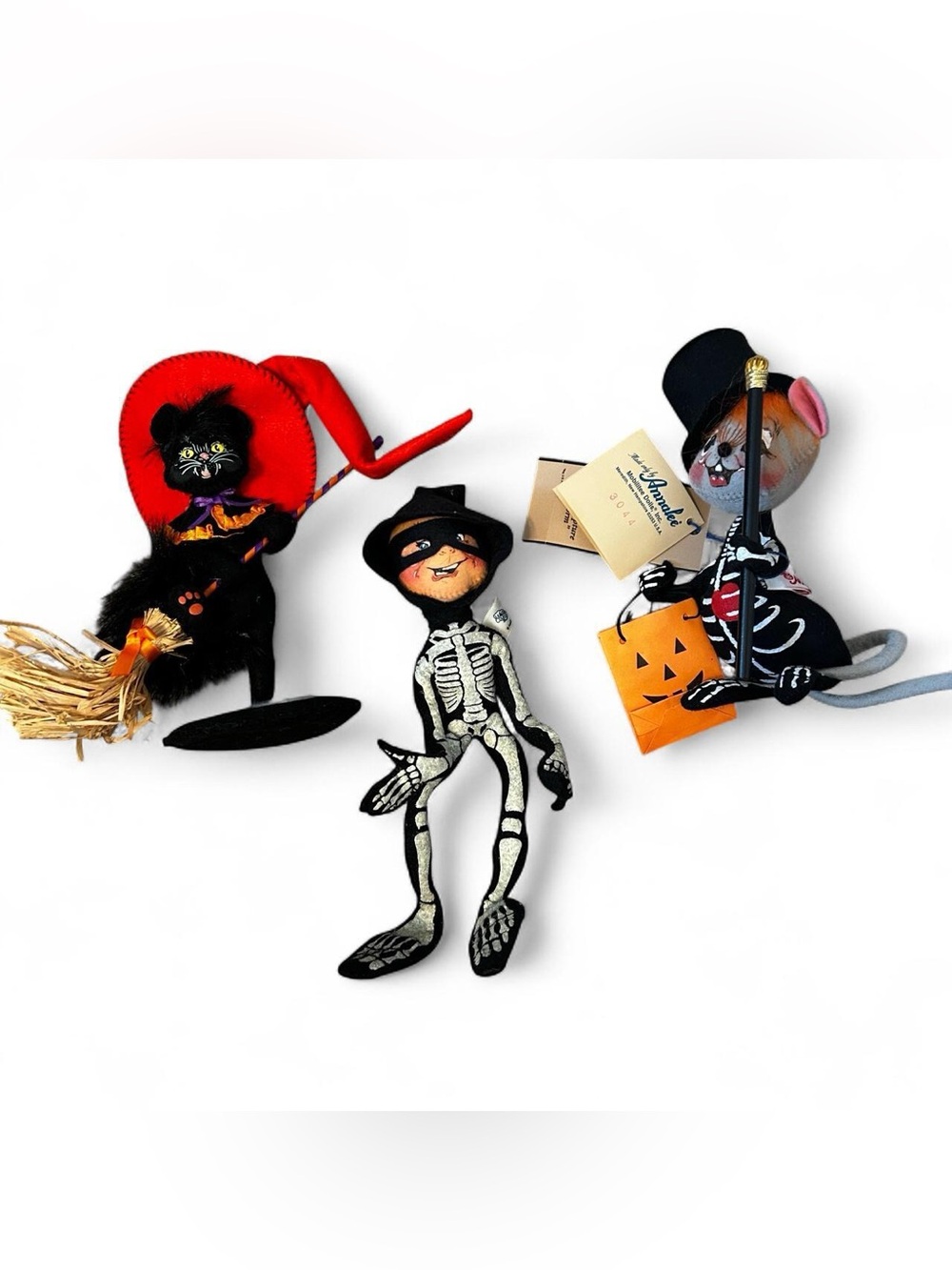 Annalee Halloween Cat, Mouse, Glow-in-the-Dark Skeleton 3 Doll Bundle Vintage